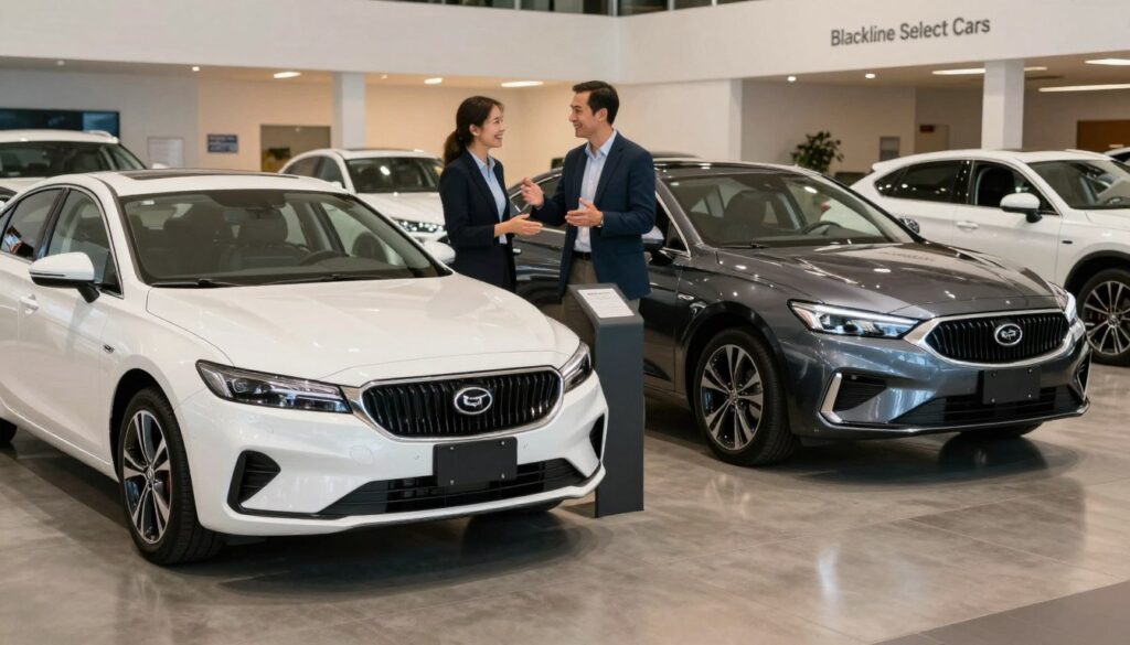 A sleek and modern dealership showcasing two distinct sections for cars. In the foreground, a pristine, low-mileage used car stands alongside a shiny, brand-new car, both displayed on polished concrete. The used car features an elegant design, subtly reflecting its gently used condition. The new car, labeled as "KM0," gleams under bright, focused showroom lighting, showing its immaculate finish. In the middle ground, friendly sales personnel in professional business attire can be seen assisting customers, gesturing towards the featured cars with engaging smiles. The background is filled with additional vehicles, creating a warm and inviting atmosphere with soft ambient lighting, highlighting the differences between used cars and new models. The brand name "Blackline Select Cars" is subtly integrated into the dealership design. The overall mood conveys trust and professionalism, emphasizing customer choice and quality.