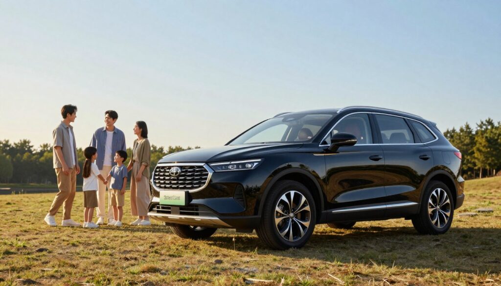 A sleek and reliable second-hand SUV parked in a serene outdoor environment. In the foreground, highlight the polished finish and modern design elements of a Blackline Select Cars SUV, reflecting the warm sunlight. The middle ground features a family interacting happily, dressed in modest casual attire, emphasizing the vehicle’s practicality and family-friendly appeal. In the background, capture a beautiful landscape with green trees and a clear blue sky to enhance the feeling of trust and reliability. Use soft, natural lighting to create a warm atmosphere, and shoot from a low angle to emphasize the SUV’s presence and height. The overall mood should be inviting and reassuring, ideal for potential buyers seeking dependable second-hand vehicles.
