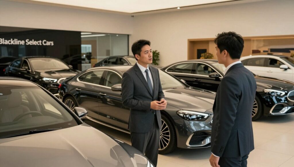 A sleek, high-end car dealership interior showcasing "Blackline Select Cars." In the foreground, a well-dressed salesperson in a smart business suit engages with a potential customer, both displaying expressions of curiosity and interest. The middle ground features an array of luxury used cars, each gleaming under soft, warm lighting that highlights their curves and premium finishes. In the background, modern design elements such as large glass windows and contemporary artwork enhance the atmosphere, giving a sense of exclusivity and professionalism. The image is captured from a slightly elevated angle, providing a comprehensive view of the scene while conveying a welcoming yet sophisticated mood.