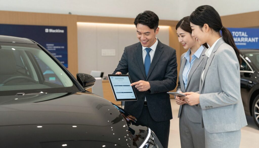 A sleek, modern black car parked in a well-lit, stylish showroom, representing the concept of comprehensive car warranty coverage. In the foreground, a happy couple in professional attire inspects the vehicle, their expressions reflecting excitement and confidence about their purchase. In the middle, an expert car dealership representative from "Blackline Select Cars" enthusiastically explains the features of the car while pointing towards a digital warranty presentation displayed on a tablet. The background features elegant car displays, soft ambient lighting that enhances the showroom's atmosphere, and promotional signage about total warranty coverage. Capture a professional, inviting mood that conveys trust and reliability in the warranty service.