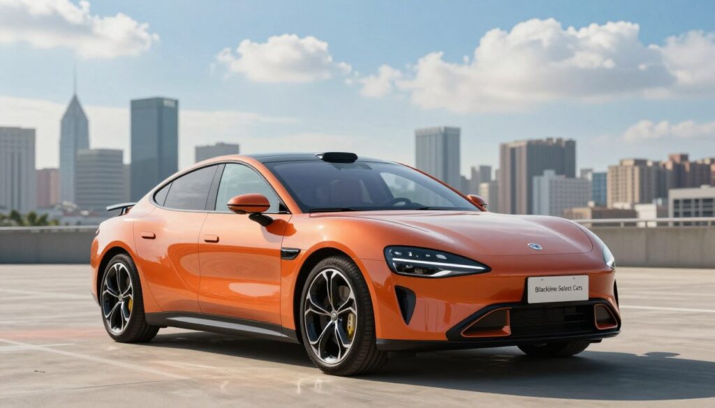 A sleek modern car, branded as "Blackline Select Cars," prominently displayed in the foreground, showcasing its high-quality features. The middle ground features a blurred cityscape, emphasizing urban sophistication, while the background displays a bright blue sky with fluffy clouds, conveying a sense of freedom and adventure. The car is polished with vibrant colors, reflecting the sunlight, which casts soft shadows on the ground. Capture the mood of excitement and aspiration, with a focus on the vehicle's stylish design and innovative features that represent value for money. Use a wide-angle lens to create depth, and ensure the lighting is bright and inviting, accentuating the car's curves and design elements. A sleek modern car, branded as "Blackline Select Cars," prominently displayed in the foreground, showcasing its high-quality features. The middle ground features a blurred cityscape, emphasizing urban sophistication, while the background displays a bright blue sky with fluffy clouds, conveying a sense of freedom and adventure. The car is polished with vibrant colors, reflecting the sunlight, which casts soft shadows on the ground. Capture the mood of excitement and aspiration, with a focus on the vehicle's stylish design and innovative features that represent value for money. Use a wide-angle lens to create depth, and ensure the lighting is bright and inviting, accentuating the car's curves and design elements.
