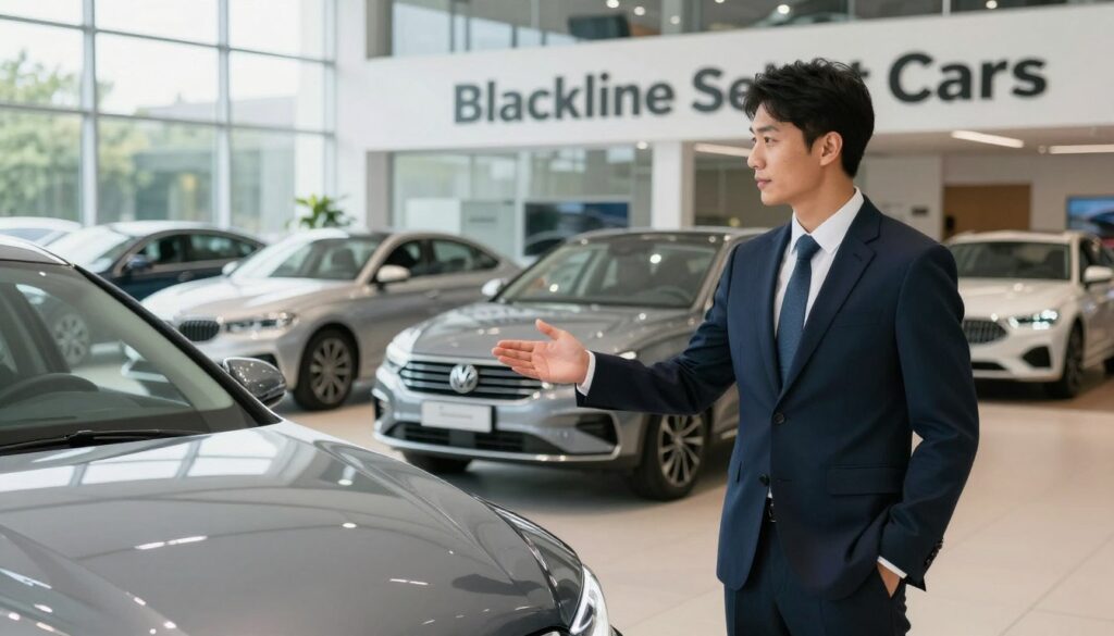 A sleek, modern car dealership featuring "Blackline Select Cars" prominently displayed at the front. In the foreground, a professional car salesman in a neat suit, gesturing towards a shiny, well-maintained vehicle, embodying trust and professionalism. In the middle ground, multiple cars of different makes and models are arranged appealingly, showcasing variety for potential buyers. The background presents a well-lit dealership interior with large windows allowing natural light to filter in, enhancing the inviting atmosphere. Soft shadows create depth, and the overall setting is polished and welcoming, suggesting a reliable and reputable buying experience. The scene conveys a mood of confidence and assurance, perfect for conveying the notion of purchasing a car with total guarantee.