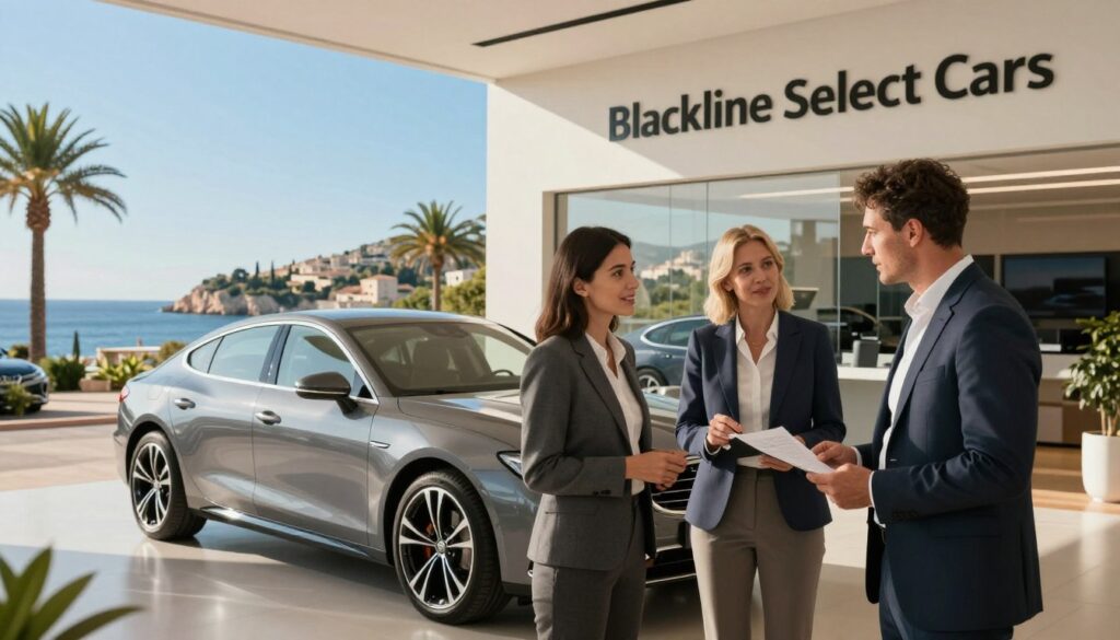 A sleek, modern car dealership in Mallorca featuring the brand name "Blackline Select Cars" prominently displayed. In the foreground, a professional-looking male and female character, dressed in business attire, are engaged in a discussion about financing options for purchasing a car. In the middle, a shiny, eye-catching car stands out, emphasizing a sense of luxury and quality. The background showcases the beautiful Mediterranean landscape of Mallorca, with vibrant blue skies, palm trees, and the coastline visible. Soft, natural lighting illuminates the scene, creating a warm and inviting atmosphere, while the angle is slightly elevated to capture both the dealership and the enchanting surroundings, highlighting the financial aspects of buying a car in this idyllic location.