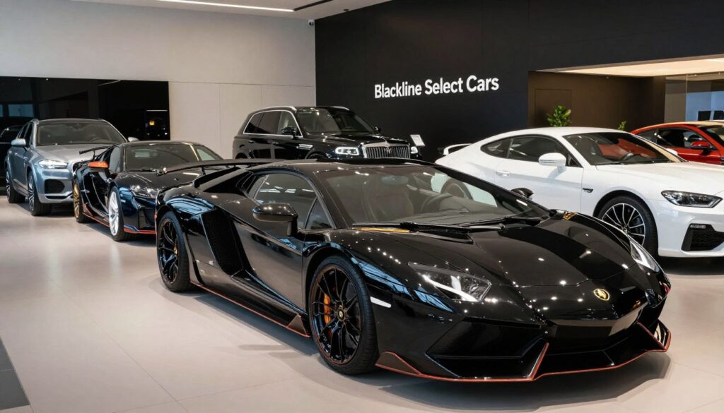 A sleek, modern car showroom featuring a variety of exclusive and luxury car models from diverse brands, prominently including "Blackline Select Cars." In the foreground, highlight a polished black sports car with gleaming chrome details, showcasing its dynamic lines and aggressive stance. In the middle, display an array of luxury SUVs and sedans, each artistically lit to highlight their unique features and finishes. The background includes stylish showroom elements like minimalist decor and subtle lighting that creates an upscale atmosphere. The lighting should be bright yet soft, evoking a sophisticated and inviting mood. Capture this scene with a slightly angled perspective to enhance the depth and richness of the showroom environment.