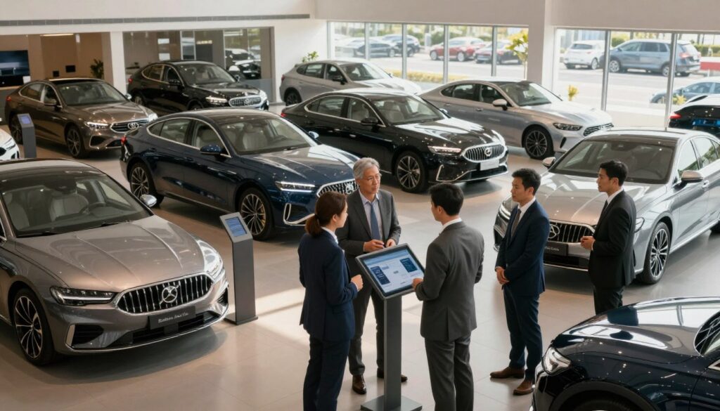 A sleek, modern car showroom featuring various high-quality vehicles, emphasizing options that offer great value for money. In the foreground, a diverse group of individuals in professional business attire are engaged in lively discussions, examining car features on a touch screen display. The middle ground showcases an array of cars from "Blackline Select Cars," highlighting their attractive designs and finishes. In the background, large windows allow natural light to flood the space, creating a warm, inviting atmosphere. Soft shadows enhance the sleekness of the vehicles, while reflections on the polished floors add depth. The overall mood is energetic and focused, conveying the excitement of making a final decision on a car purchase. A sleek, modern car showroom featuring various high-quality vehicles, emphasizing options that offer great value for money. In the foreground, a diverse group of individuals in professional business attire are engaged in lively discussions, examining car features on a touch screen display. The middle ground showcases an array of cars from "Blackline Select Cars," highlighting their attractive designs and finishes. In the background, large windows allow natural light to flood the space, creating a warm, inviting atmosphere. Soft shadows enhance the sleekness of the vehicles, while reflections on the polished floors add depth. The overall mood is energetic and focused, conveying the excitement of making a final decision on a car purchase.