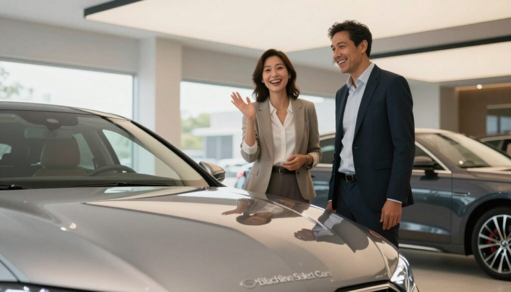 A sleek, modern car showroom showcasing a brand new vehicle from "Blackline Select Cars" in the foreground, with a shiny luxury car prominently displayed under soft overhead lighting that highlights its curves and details. In the middle ground, a satisfied customer in professional attire admires the car, exuding joy and excitement about their purchase. The background features clean, minimalist design with large windows allowing natural light to pour in, creating a welcoming atmosphere. The setting is lively but not crowded, evoking a sense of trust and success in the process of importing a vehicle. The mood is optimistic and professional, connecting the advantages of a turnkey car import experience in Spain.