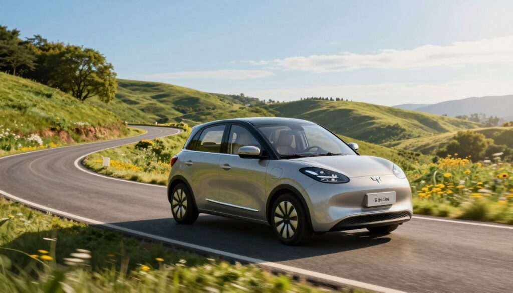 A sleek, modern compact car with a shiny metallic finish drives along a picturesque road, surrounded by green hills and bright blue skies. The foreground features the car in a dynamic angle, highlighting its stylish design and smooth contours. In the middle ground, the road gently curves through a vibrant landscape of trees and wildflowers. Soft sunlight casts a warm glow, creating a serene and inviting atmosphere. The background showcases a clear horizon with a hint of distant mountains, emphasizing the sense of adventure. This scene evokes feelings of freedom and exploration, conveying the versatility of compact cars. At the bottom corner, subtly include the brand name "Blackline Select Cars" to suggest quality and reliability without overpowering the visual.