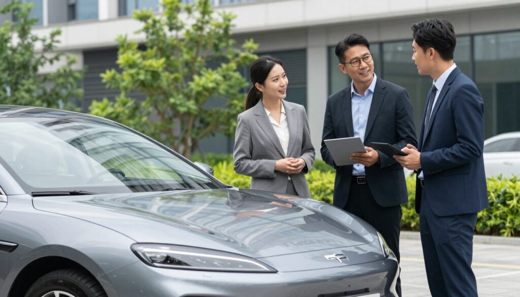 A sleek, modern imported car showcasing its elegant design prominently in the foreground, parked under soft, natural lighting that highlights the car's glossy finish. In the middle ground, a diverse group of three professionals dressed in smart business attire are discussing the car's features and advantages, with a look of enthusiasm and approval on their faces. The background features a contemporary urban landscape with clean lines and vibrant greenery, suggesting a thriving environment for car enthusiasts. The scene conveys a mood of optimism and excitement about buying imported vehicles. The brand logo "Blackline Select Cars" should be subtly integrated into the image, perhaps on a sign or backdrop. Capture this moment from a slightly elevated angle to emphasize the car's allure and the engaging conversation around it.