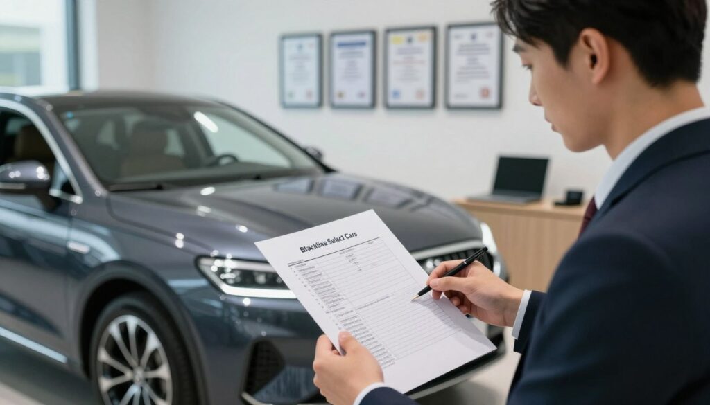 A sleek, modern office setting showcasing a verification and homologation process for imported cars. In the foreground, a professional in business attire is examining a detailed document, showcasing technical specifications of vehicles. The middle ground features a shiny, imported car being inspected, with visible components being analyzed under bright LEDs. In the background, a wall displays framed certifications and regulations related to car importation. Soft, focused lighting enhances the professionalism, with a slightly blurred effect on the background to emphasize the subject. The atmosphere is one of diligence and expertise, embodying the values of "Blackline Select Cars." The composition is shot from a slight angle to provide depth and context to the verification process.