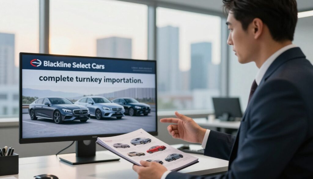 A sleek, modern office setting with a confident business professional in a sharp suit discussing car importation services. In the foreground, the professional gestures towards a detailed catalog showcasing a variety of luxury cars. The middle ground features a large digital screen displaying the brand "Blackline Select Cars" with images of imported vehicles. In the background, large windows reveal a bustling city skyline, bathed in soft afternoon sunlight, creating a warm and inviting atmosphere. The scene conveys a sense of expertise and reliability, perfect for a key service like "complete turnkey importation." Use natural lighting to enhance the professional mood, with a shallow depth of field focusing on the subject while softly blurring the background.