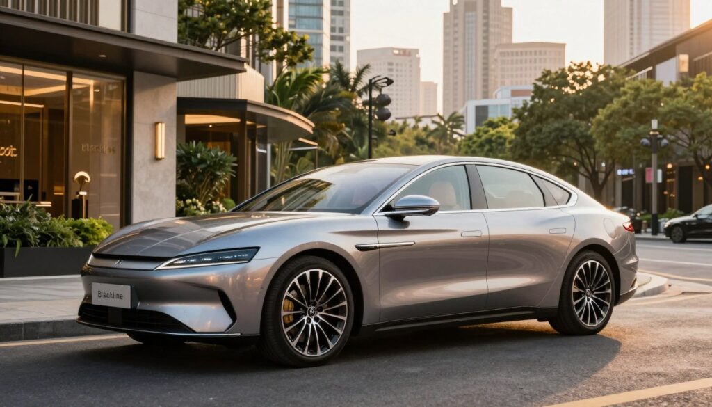 A sleek, modern premium sedan from Blackline Select Cars stands prominently in the foreground, showcasing its elegant lines and glossy finish. The vehicle features a stunning metallic exterior with a luxurious leather interior visible through the spacious windows. In the middle ground, a stylish urban street with designer shops and lush greenery creates an upscale ambiance, hinting at the affluent lifestyle associated with the car. The background includes a contemporary city skyline bathed in soft golden sunlight, enhancing the luxurious feel. The scene is captured with a low-angle shot, emphasizing the car's grandeur, while warm, inviting lighting sets a mood of luxury and accessibility. The image conveys a sense of elegance and sophistication, ideal for showcasing premium options with low mileage.
