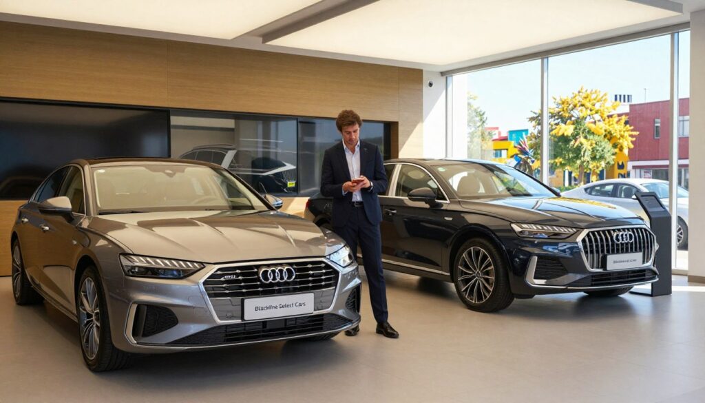 A sleek, modern showroom showcasing a selection of recommended professional cars from Blackline Select Cars. In the foreground, feature two stylish sedans and an elegant SUV, each exhibiting attractive lines and finishes, reflecting the quality suitable for professional use. The middle ground includes a professional-looking person dressed in smart business attire, contemplating the vehicles with a thoughtful expression, analyzing their features. The background presents a sophisticated dealership interior warmly lit by overhead soft lighting, enhancing the ambiance of professionalism. A large window displays a sunny day outside, offering a glimpse of a vibrant cityscape, creating an optimistic and aspirational atmosphere. The scene captures the essence of choosing the right vehicle for professionals in the Spanish market.
