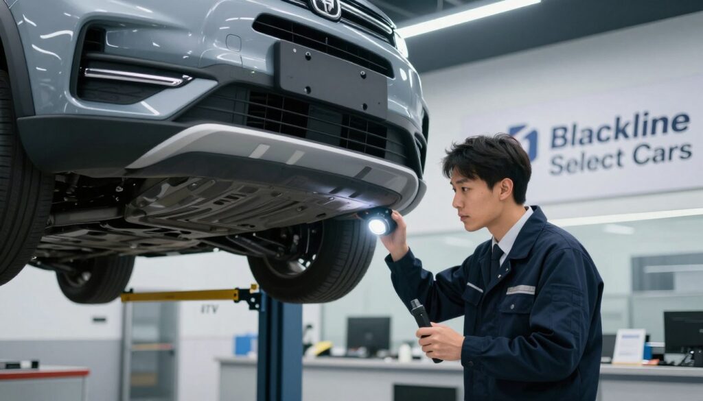 A sleek, modern vehicle undergoing a technical inspection at a bright and organized vehicle inspection station. In the foreground, a professional technician in business attire is diligently examining the car’s undercarriage with a flashlight. The technician is focused, showcasing an attentive expression. In the middle ground, the vehicle is illuminated by overhead fluorescent lights, highlighting its shiny surface and intricate details. In the background, a large banner with the logo “Blackline Select Cars” is displayed on the wall, giving the station a professional look. The overall atmosphere is one of precision and care, symbolizing the thoroughness of the technical inspection (ITV) process, with a soft focus effect enhancing the depth. The setting is clean and well-lit, indicating safety and professionalism.