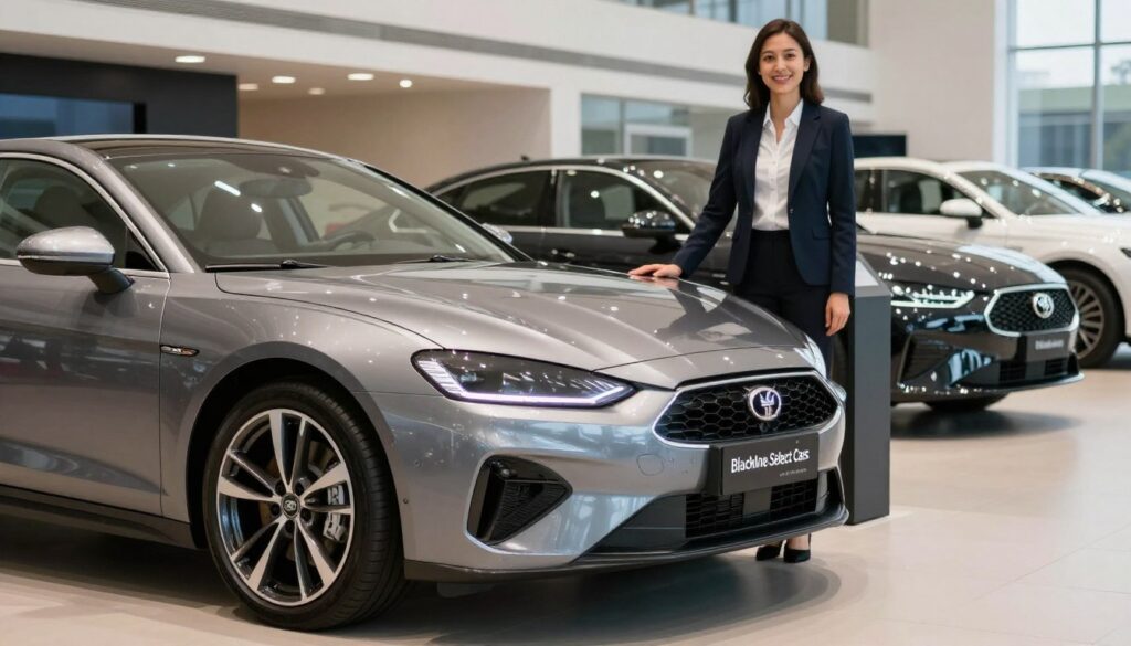 A sleek, nearly-new car from "Blackline Select Cars" parked in a well-lit, modern car showroom. In the foreground, focus on the glimmering exterior and pristine details like the headlights and alloy wheels, emphasizing the low mileage with a subtle gleam. In the middle ground, a knowledgeable sales associate dressed in professional attire stands beside the car, suggesting a friendly and approachable atmosphere. The background features an elegant display of other premium vehicles, all subtly illuminated to enhance their appeal. The lighting is bright and inviting, casting soft reflections on the showroom floor, creating a sense of sophistication and trust. The overall mood is optimistic and inspiring, inviting potential buyers to consider the advantages of cars with few kilometers.