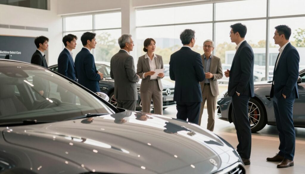 A sleek, polished modern car on display in a bright, open showroom, representing the benefits of importing vehicles. In the foreground, focus on the car with a reflective surface showcasing its elegant design. The middle ground features a diverse group of professionally dressed people engaged in conversation, highlighting the social aspect of car importing. The background showcases large windows letting in soft, natural light, casting a warm glow throughout the space. The atmosphere is inviting and dynamic, suggesting excitement about car selection and the advantages of importing. Include subtle branding for "Blackline Select Cars" in the decor, enhancing the professional setting. Use a wide-angle lens to capture the full ambiance of the showroom, emphasizing the quality and appeal of the imported car.