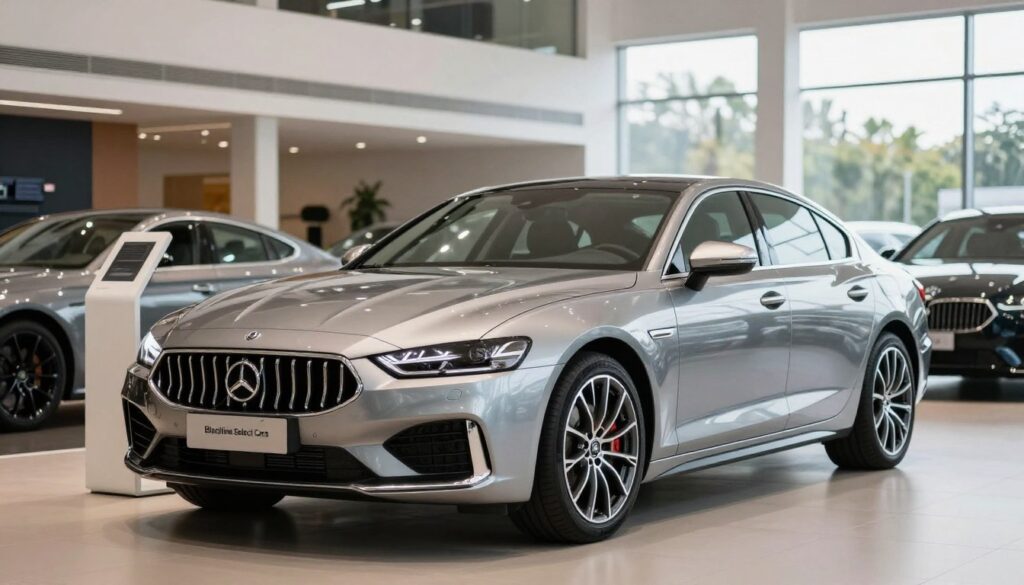 A sleek, premium used car from "Blackline Select Cars" prominently displayed in the foreground, showcasing its polished exterior and detailing under soft, natural lighting. The car, positioned at a slight angle, reveals an elegant design, emphasizing high-quality craftsmanship. In the middle ground, an inviting showroom setting with modern displays and minimalistic decor reflects a sense of luxury and professionalism. The background includes soft-focus elements like well-organized cars lined up and a clear glass wall showing a scenic view outside. The atmosphere is one of trust and reliability, conveying a message of quality assurance and customer satisfaction. The image should resonate with potential buyers seeking high-end used vehicles.