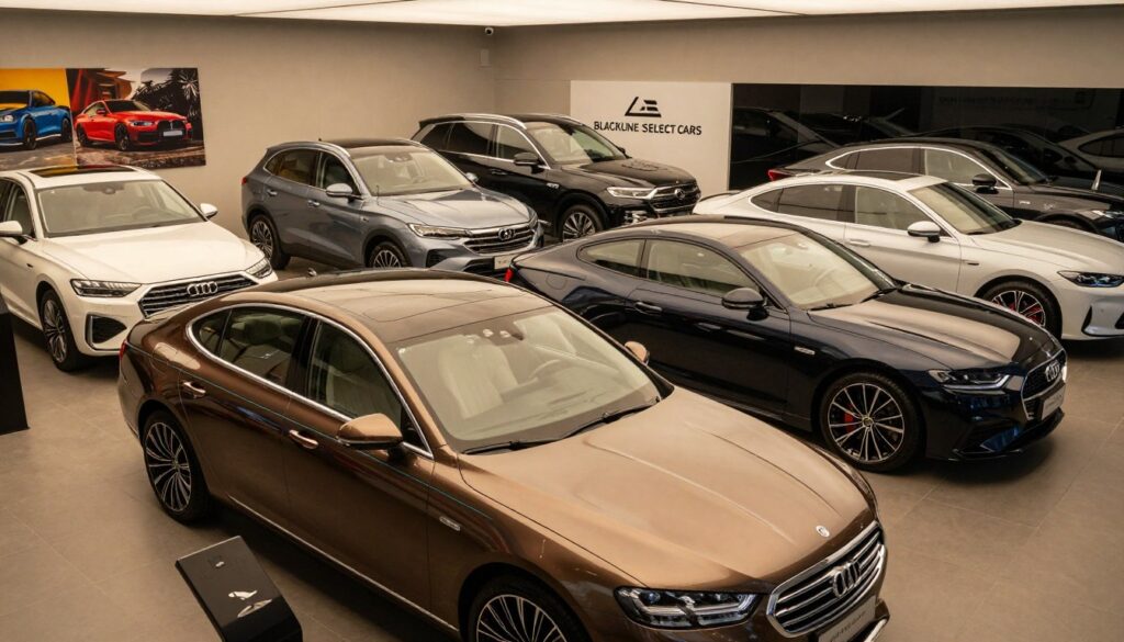 A sleek showroom filled with a diverse range of cars, showcasing various models and equipment options from Blackline Select Cars. In the foreground, highlight a glossy, high-end sedan in a rich metallic color, reflecting overhead lights. In the middle, display a variety of other vehicles, including SUVs and hybrids, with different colors and designs, all well-lit with soft, diffused lighting. In the background, incorporate an elegant wall featuring automotive art and brand logos, enhancing the sophisticated atmosphere. The scene should evoke a sense of luxury and modernity, with a warm and inviting ambiance, ideal for showcasing an extensive selection of car models. The composition should be shot from a low angle to emphasize the impressive lineup while maintaining a professional look.