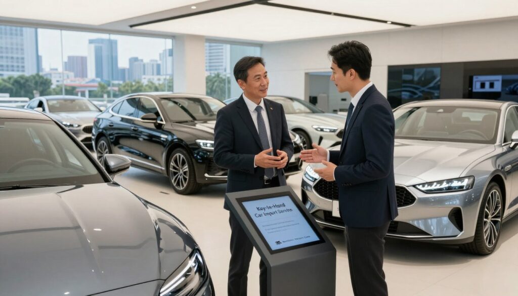 A sleek showroom of luxury cars, featuring a range of high-end vehicles including sedans, SUVs, and sports cars, all under bright, ambient lighting. The foreground showcases a modern, interactive digital display labeled "Key-in-Hand Car Import Service" with an elegant logo of "Blackline Select Cars". In the middle, a professional consultant in business attire is discussing with a satisfied customer, both engaged and smiling. The background features large glass windows displaying a scenic city skyline, adding depth and a sense of sophistication to the environment. The atmosphere is upbeat and welcoming, emphasizing the seamless, hassle-free experience of the car import service. The angle captures both the cars and the interaction prominently, inviting viewers into this luxury automotive world.