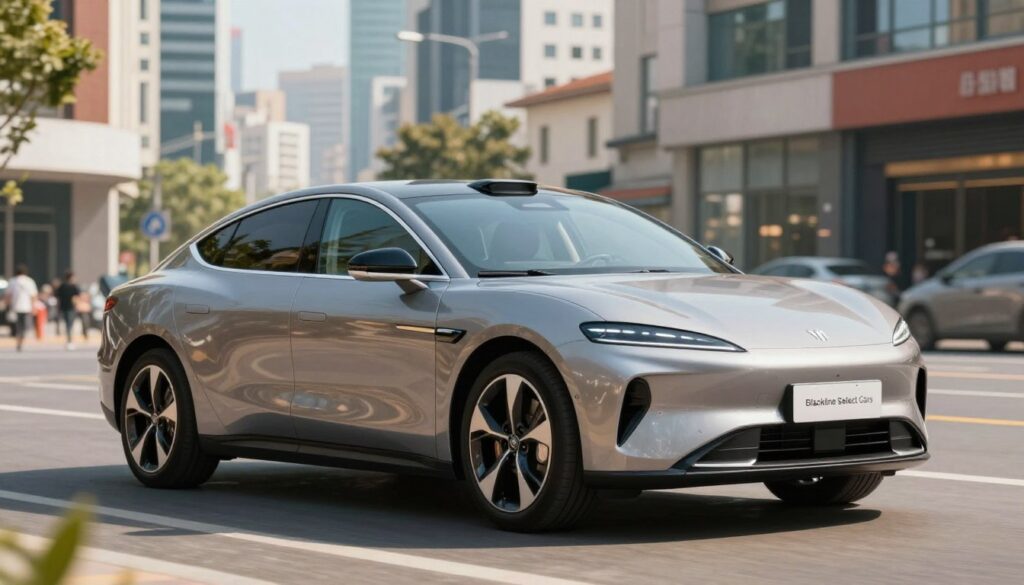 A sleek urban car model, emblematic of quality and affordability, prominently displayed in the foreground, emphasizing its stylish design and practicality. The vehicle should be represented from a dynamic angle, showcasing its streamlined shape and modern features. The middle ground includes a vibrant cityscape, featuring contemporary buildings and bustling streets to highlight an urban lifestyle. In the background, a sunny day illuminates the scene with soft, natural lighting, enhancing the car’s colors and reflections. The mood is energetic and optimistic, appealing to urban dwellers seeking an ideal balance of quality and price in their vehicle choices. The brand name "Blackline Select Cars" subtly incorporated into the design of the car, blending seamlessly with its aesthetic. A sleek urban car model, emblematic of quality and affordability, prominently displayed in the foreground, emphasizing its stylish design and practicality. The vehicle should be represented from a dynamic angle, showcasing its streamlined shape and modern features. The middle ground includes a vibrant cityscape, featuring contemporary buildings and bustling streets to highlight an urban lifestyle. In the background, a sunny day illuminates the scene with soft, natural lighting, enhancing the car’s colors and reflections. The mood is energetic and optimistic, appealing to urban dwellers seeking an ideal balance of quality and price in their vehicle choices. The brand name "Blackline Select Cars" subtly incorporated into the design of the car, blending seamlessly with its aesthetic.