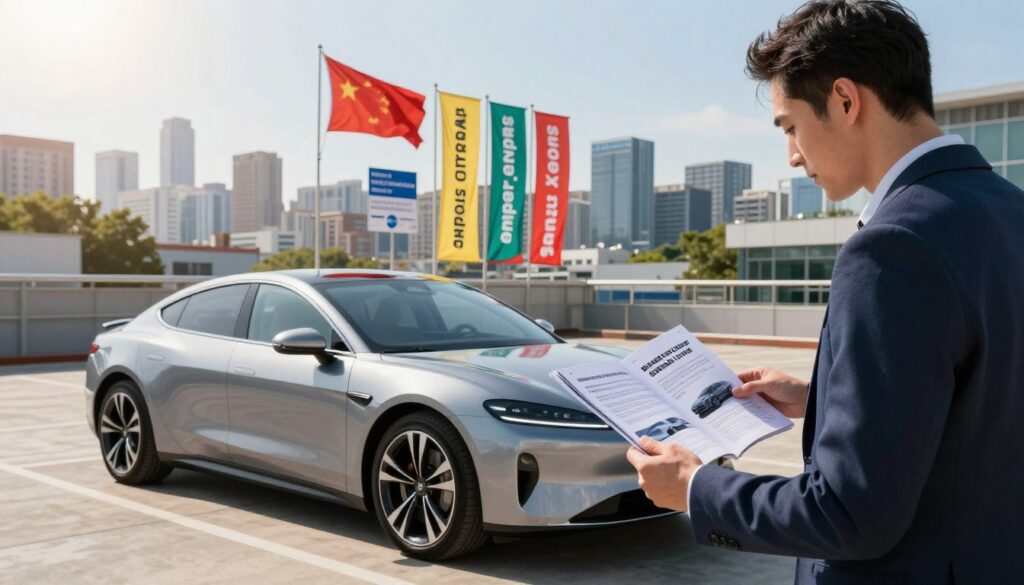 A sleek, well-designed car representing "Blackline Select Cars" is prominently parked in a dynamic urban environment. In the foreground, a professional man in smart casual attire examines a detailed brochure about importing cars, showing keen interest. In the middle, colorful import/export signs and flags flutter in the brisk wind, symbolizing global trade benefits. The background features a vibrant city skyline under bright, natural sunlight, casting a warm glow across the scene. The atmosphere conveys success and opportunity, illustrating the advantages of importing a vehicle. Use a wide-angle lens to capture the entire scene, emphasizing the car's sleek design and the engaging conversation about import benefits. The overall mood should be optimistic and aspirational.
