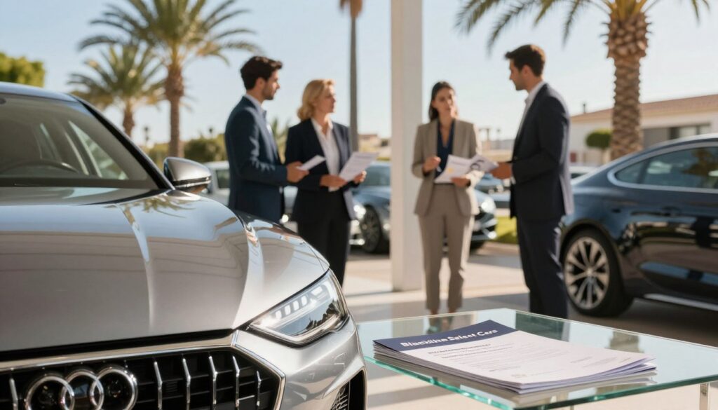 A sophisticated car dealership setting in Mallorca, showcasing a sleek, high-quality vehicle prominently displayed in the foreground. The car is shining under bright, natural sunlight, highlighting its pristine condition. In the middle ground, a welcoming showroom with professional sales representatives dressed in smart business attire, discussing certifications and quality reviews with potential buyers. The background features palm trees and a clear blue sky, setting a tranquil island atmosphere. Soft-focused brochures about "Blackline Select Cars" laid across a sleek glass table emphasize trust and quality. The lighting is warm and inviting, creating a sense of confidence and reliability, conveying the assurance of warranties and certifications in car purchases.