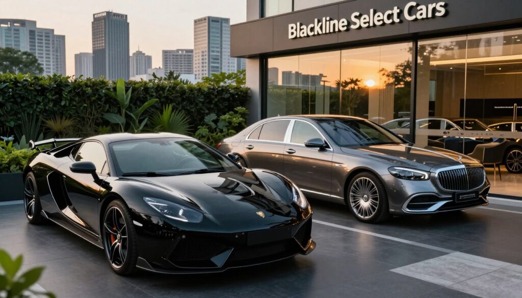 A sophisticated display of luxury cars from "Blackline Select Cars" parked in a sleek modern setting. In the foreground, highlight a stunning black sports car with polished chrome accents, showcasing its elegance and high-performance design. In the middle ground, include a luxurious sedan in a rich metallic color, with a backdrop of lush greenery and a stylish city skyline. The background features a luxurious dealership with large glass windows reflecting the sunset, casting warm golden light over the scene. Capture the atmosphere of exclusivity and prestige, using a wide-angle lens to enhance depth. The mood should be aspirational and enticing, appealing to affluent buyers in search of high-end pre-owned vehicles. Emphasize the quality and craftsmanship of the cars without any distractions like text or watermarks.