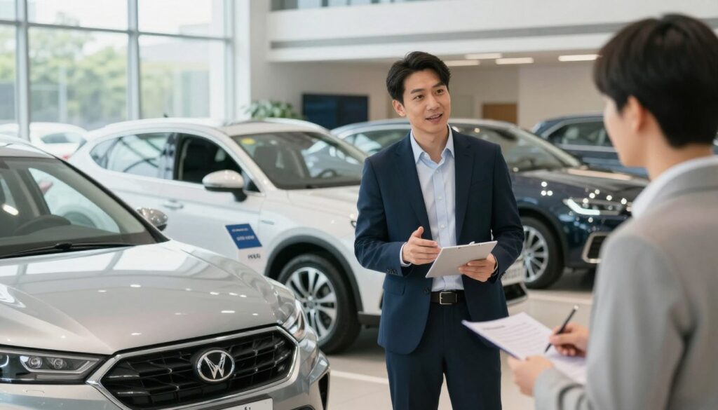 A sophisticated setting showcasing financing options for used cars, emphasizing the brand "Blackline Select Cars". In the foreground, a professional business figure in tailored attire discusses financing options with a potential buyer, both looking engaged and optimistic. In the middle ground, a diverse array of attractive used cars with price tags visible, parked in a modern showroom with sleek design elements. The background features large windows that allow natural light to flood in, creating a bright and inviting atmosphere. Soft, indirect lighting illuminates the scene, enhancing the professional and welcoming mood. The angle captures both the details of the cars and the interaction, inviting viewers to imagine their own journey towards purchasing a vehicle.