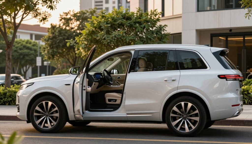 A sophisticated, well-equipped used SUV parked on an upscale urban street, showcasing its spacious interior visible through large windows. The vehicle features a modern design with sleek lines, a polished finish, and alloy wheels. In the foreground, the SUV is captured from a low angle to emphasize its height and presence. The interior is visible, highlighting high-tech gadgets, plush seating, and ample legroom, creating an inviting atmosphere of comfort and luxury. Soft warm lighting during golden hour adds a welcoming glow, while the background features lush greenery and contemporary buildings, suggesting a balance of nature and urban life. The scene is branded with "Blackline Select Cars" subtly integrated into the design, emphasizing quality and elegance. A sophisticated, well-equipped used SUV parked on an upscale urban street, showcasing its spacious interior visible through large windows. The vehicle features a modern design with sleek lines, a polished finish, and alloy wheels. In the foreground, the SUV is captured from a low angle to emphasize its height and presence. The interior is visible, highlighting high-tech gadgets, plush seating, and ample legroom, creating an inviting atmosphere of comfort and luxury. Soft warm lighting during golden hour adds a welcoming glow, while the background features lush greenery and contemporary buildings, suggesting a balance of nature and urban life. The scene is branded with "Blackline Select Cars" subtly integrated into the design, emphasizing quality and elegance.