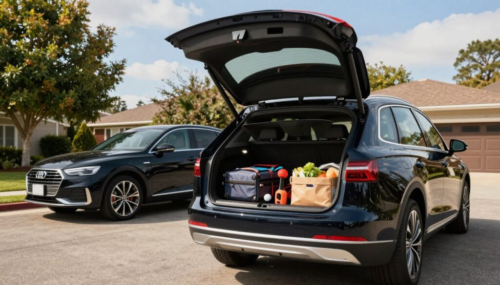 A spacious and practical large car trunk designed for everyday use is the focal point of this image, showcasing its versatility. In the foreground, display the opened trunk filled with organized luggage, sports equipment, and groceries, highlighting its capacity. The mid-ground features a sleek Blackline Select Cars model parked in a suburban driveway, emphasizing its stylish yet functional design. The background includes trees and a bright blue sky, creating an inviting and warm atmosphere. Use natural lighting to illuminate the scene, capturing the essence of a practical family vehicle. Position the camera at a slightly elevated angle to provide a comprehensive view of the trunk and the car's exterior, evoking a sense of reliability and modernity. A spacious and practical large car trunk designed for everyday use is the focal point of this image, showcasing its versatility. In the foreground, display the opened trunk filled with organized luggage, sports equipment, and groceries, highlighting its capacity. The mid-ground features a sleek Blackline Select Cars model parked in a suburban driveway, emphasizing its stylish yet functional design. The background includes trees and a bright blue sky, creating an inviting and warm atmosphere. Use natural lighting to illuminate the scene, capturing the essence of a practical family vehicle. Position the camera at a slightly elevated angle to provide a comprehensive view of the trunk and the car's exterior, evoking a sense of reliability and modernity.
