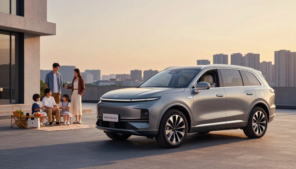 A spacious and stylish family SUV, branded as “Blackline Select Cars”, showcased in an elegant urban setting. In the foreground, the SUV is parked confidently, its sleek lines and premium metallic finish highlighted by soft, natural sunlight. The SUV's spacious interior is partially visible through the open windows, featuring comfortable seating and high-quality materials, inviting a sense of comfort and luxury. In the middle ground, a family of four, dressed in smart casual attire, is seen enjoying a moment together, with a picnic setup beside the SUV, emphasizing the comfort and practicality it offers. The background features a picturesque city skyline at dusk, casting a warm glow that enhances the welcoming atmosphere of the scene. The whole image conveys a feeling of sophistication, family bonding, and modern living. A spacious and stylish family SUV, branded as “Blackline Select Cars”, showcased in an elegant urban setting. In the foreground, the SUV is parked confidently, its sleek lines and premium metallic finish highlighted by soft, natural sunlight. The SUV's spacious interior is partially visible through the open windows, featuring comfortable seating and high-quality materials, inviting a sense of comfort and luxury. In the middle ground, a family of four, dressed in smart casual attire, is seen enjoying a moment together, with a picnic setup beside the SUV, emphasizing the comfort and practicality it offers. The background features a picturesque city skyline at dusk, casting a warm glow that enhances the welcoming atmosphere of the scene. The whole image conveys a feeling of sophistication, family bonding, and modern living.
