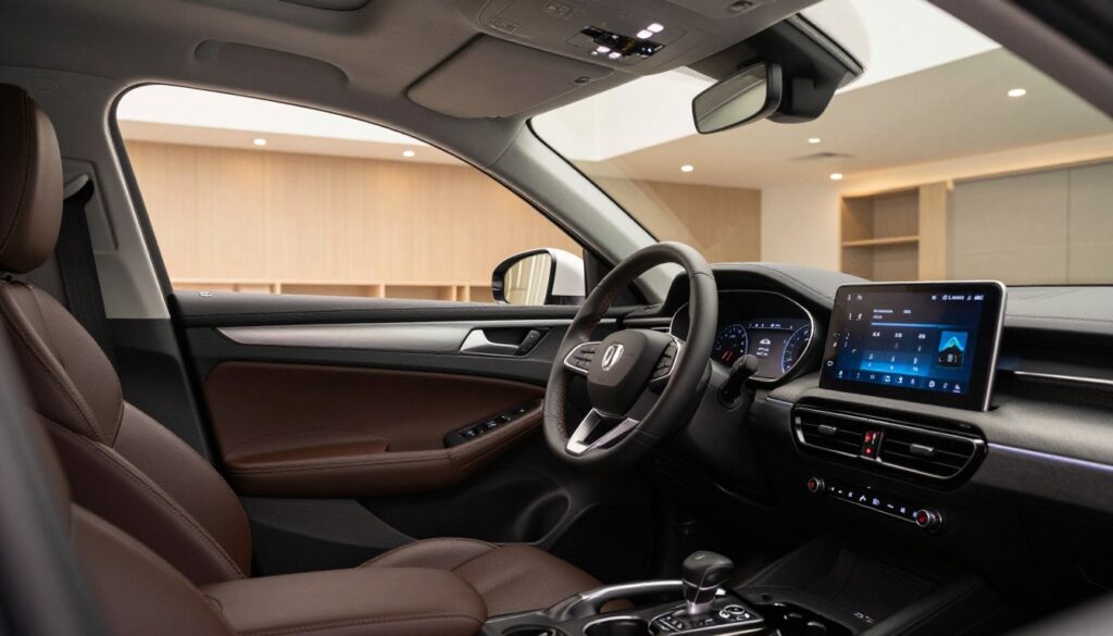 A spacious and well-lit interior of a used car, showcasing high-quality, modern equipment features. The foreground includes a close-up of the dashboard, highlighting a sleek touchscreen interface with intuitive controls. In the middle ground, a comfortable leather steering wheel and plush seating are visible, offering a sense of luxury. The background features the car's ambient lighting system and neatly arranged storage compartments. The scene is accented with soft, warm lighting to create an inviting atmosphere. Emphasize the brand "Blackline Select Cars" subtly integrated into the dashboard design. Use a wide-angle lens to capture an expansive view while maintaining focus on the details. The overall mood reflects sophistication and practicality, ideal for conveying the essence of a well-equipped used car. A spacious and well-lit interior of a used car, showcasing high-quality, modern equipment features. The foreground includes a close-up of the dashboard, highlighting a sleek touchscreen interface with intuitive controls. In the middle ground, a comfortable leather steering wheel and plush seating are visible, offering a sense of luxury. The background features the car's ambient lighting system and neatly arranged storage compartments. The scene is accented with soft, warm lighting to create an inviting atmosphere. Emphasize the brand "Blackline Select Cars" subtly integrated into the dashboard design. Use a wide-angle lens to capture an expansive view while maintaining focus on the details. The overall mood reflects sophistication and practicality, ideal for conveying the essence of a well-equipped used car.