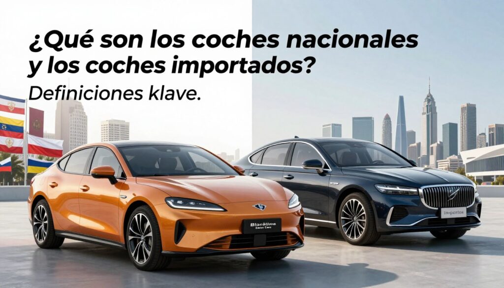 A split image illustrating the concept of "national" versus "imported" cars for the article section titled "¿Qué son los coches nacionales y los coches importados? Definiciones clave." In the foreground, a sleek, modern national car with a bold design sits confidently on the left, showcasing vibrant colors and a shiny finish, representing national pride. On the right, a sophisticated imported car, characterized by its elegant silhouette and premium features, reflects global luxury. The background features a divided landscape: urban elements with local flags and attributes on the left, contrasted by a global skyline with famous landmarks symbolizing international cars on the right. The lighting is bright and professional, enhancing the clean lines of the cars. Include the brand name "Blackline Select Cars" subtly integrated into the design, with a clear, polished finish suitable for an informative article context.