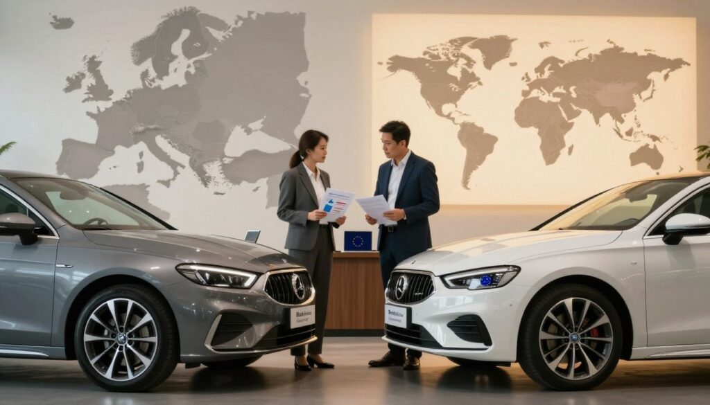 A split-scene visual illustrating the differences in importing a car from the EU versus third countries. In the foreground, two sleek, modern cars—one labeled with the EU flag and the other with a globe symbol representing third countries—are parked side by side on a polished showroom floor. The middle ground features two professionals in business attire, engaged in a discussion over documents and a laptop, showcasing charts and graphs that highlight cost differences and regulations. The background features a subtle map of Europe on one side and a world map on the other, softly illuminated with warm lighting to create an inviting atmosphere. The overall mood is informative and professional, emphasizing clarity and contrast. Brand name "Blackline Select Cars" subtly integrated into the showroom design.