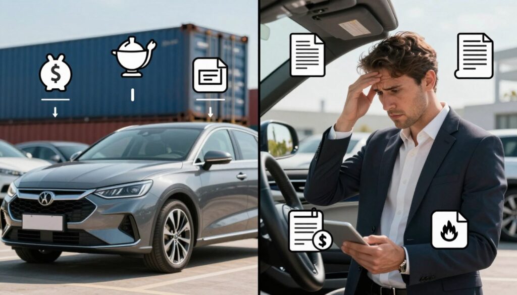 A split-screen comparison image highlighting the advantages and disadvantages of importing a car. On the left side, showcase a sleek, modern car with a price tag, surrounded by symbols of savings, quality, and selection, symbolizing the benefits of importing. On the right side, depict a concerned individual in professional attire examining a car under the harsh light of day, with icons of paperwork, fees, and potential trouble illustrated around them, representing the disadvantages. The background should be a blurred car dealership juxtaposed with international shipping elements. The lighting should be bright and clear, emphasizing the contrast between the two sides. Include the brand name "Blackline Select Cars" subtly within the image's design. The mood should be informative and thought-provoking, encouraging reflection on the decision to import a vehicle.