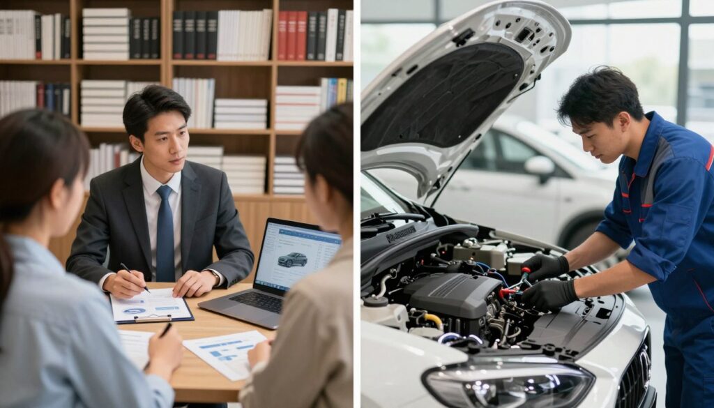 A split-screen image illustrating the comparative management of imported vehicle appraisal services versus solely obtaining a mechanical report. On the left, a professional consultant in business attire is seen discussing with clients, surrounded by charts and a laptop displaying imported car data, with an atmosphere of analytical focus. The background includes shelves filled with car manuals and reference books. On the right, a mechanic in coveralls inspects an imported car, using specialized tools under bright workshop lighting, evoking a hands-on, detailed approach. The car showcases sleek lines and a polished surface, emphasizing the import quality. The brand name "Blackline Select Cars" is subtly integrated into the scene. The setting is balanced and visually appealing, with warm tones to evoke trust and professionalism.