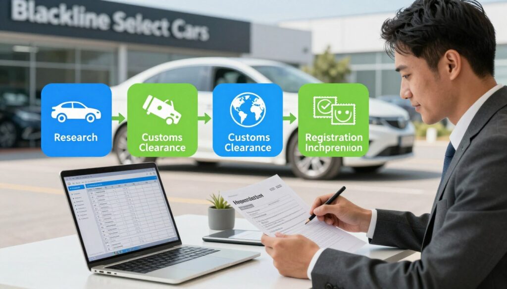 A step-by-step guide to importing a car, vividly illustrated. In the foreground, a confident, professional individual in business attire reviews import documents at a desk, with a laptop open, displaying a digital checklist. In the middle ground, there’s an infographic-style layout showing key steps: research, purchasing, customs clearance, and registration, depicted with icons like a car, globe, and stamps, all colored in vibrant blues and greens for clarity. The background features a sleek dealership of "Blackline Select Cars," with a luxurious car parked outside under bright daylight. The atmosphere is informative and optimistic, capturing the potential advantages of car importation while remaining visually engaging and clean.