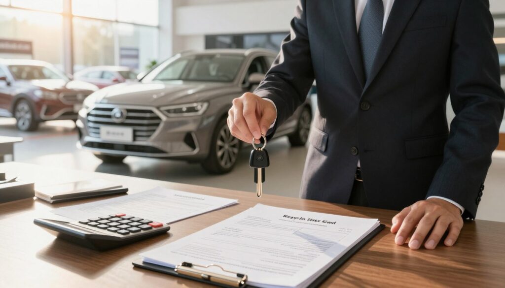 A step-by-step import process for a car, focusing on the "key in hand" concept. In the foreground, a professional businessperson in a neat suit stands beside a sleek, modern car, holding a set of keys, symbolizing completion. In the middle ground, images of important documents, customs forms, and a calculator are spread on an elegant desk, illuminated under soft, warm lighting. In the background, a sunlit car showroom displays various imported vehicles, with banners featuring "Blackline Select Cars" in view, enhancing the authenticity. The overall atmosphere is professional and optimistic, emphasizing success and the joy of having a new car ready for use. The angle captures both the person and the car harmoniously, ensuring clarity and focus.