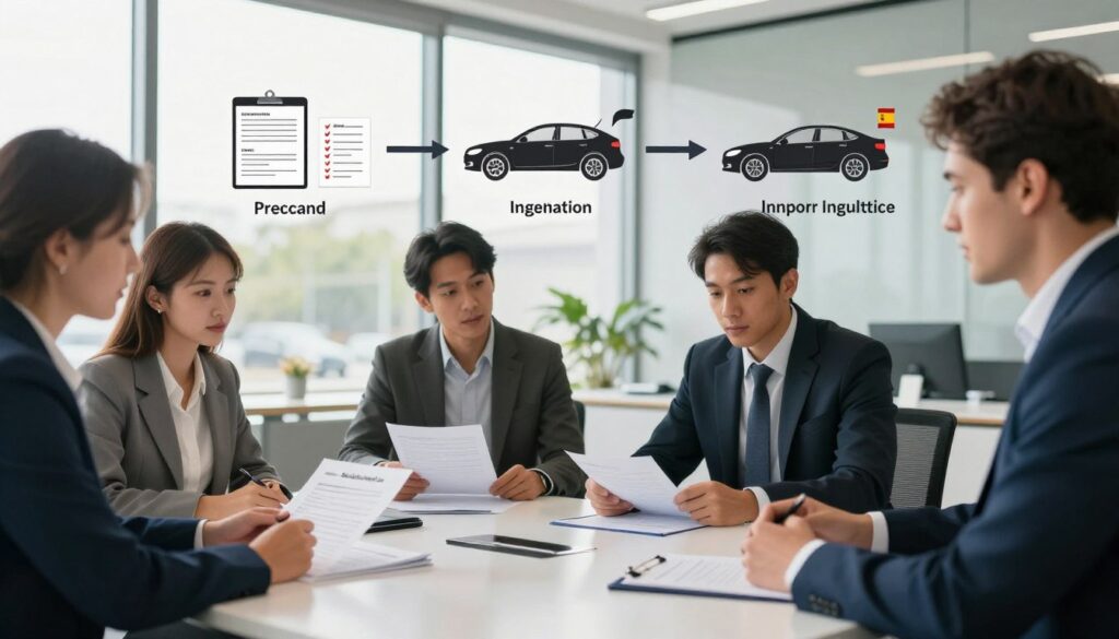 A step-by-step process diagram illustrating the importation of a car to Spain. In the foreground, depict a professional, diverse group of individuals in business attire, discussing import regulations and paperwork at a sleek modern office table. In the middle, show clear visual steps like paperwork preparation, vehicle inspection, and customs processes, represented through icons and checklists. The background features a bright, airy office space with large windows showcasing a sunny day outside, emphasizing a productive atmosphere. Use soft, natural lighting to highlight the scene, incorporating a slight depth of field to focus on the foreground interaction while subtly blurring the background. Ensure the professional image conveys the efficiency and seriousness of the car importation process, with a reference to "Blackline Select Cars" visible on the paperwork.