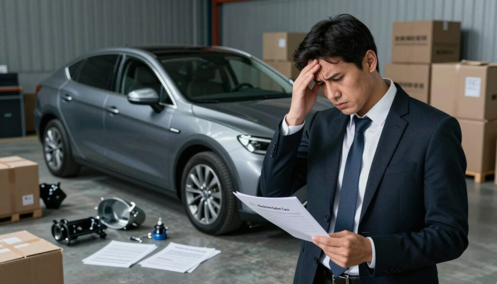 A stressed individual in professional business attire stands in the foreground, examining a paperwork regarding an import process for a car with a concerned expression. In the middle ground, a sleek, modern vehicle from "Blackline Select Cars" is parked awkwardly, surrounded by various car components and import documents scattered on the ground. The background features a stylized warehouse setting with crates and shipping labels around, portraying a busy import environment. The scene is dramatically lit, with a focus on soft shadows to evoke a sense of urgency and confusion. The angle is slightly tilted to create a dynamic feel, reflecting the complexities and common issues faced when importing a car. Overall, the atmosphere conveys the challenges and pitfalls of car importation.