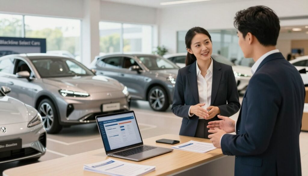 A stylish, modern car showroom featuring a variety of sleek vehicles from the brand "Blackline Select Cars" in the foreground. Showcase two well-dressed professionals, one explaining financing options to the other, highlighting a friendly and informative atmosphere. Place a desk with financing brochures and a laptop displaying flexible financing plans in the middle. The background should include large windows allowing natural light to flood the space, illuminating the cars and creating a welcoming ambiance. Use soft, warm lighting to evoke a sense of trust and professionalism. Capture the scene from a slight angle to showcase both the showroom and the interaction, ensuring a vibrant and engaging portrayal of flexible car financing.
