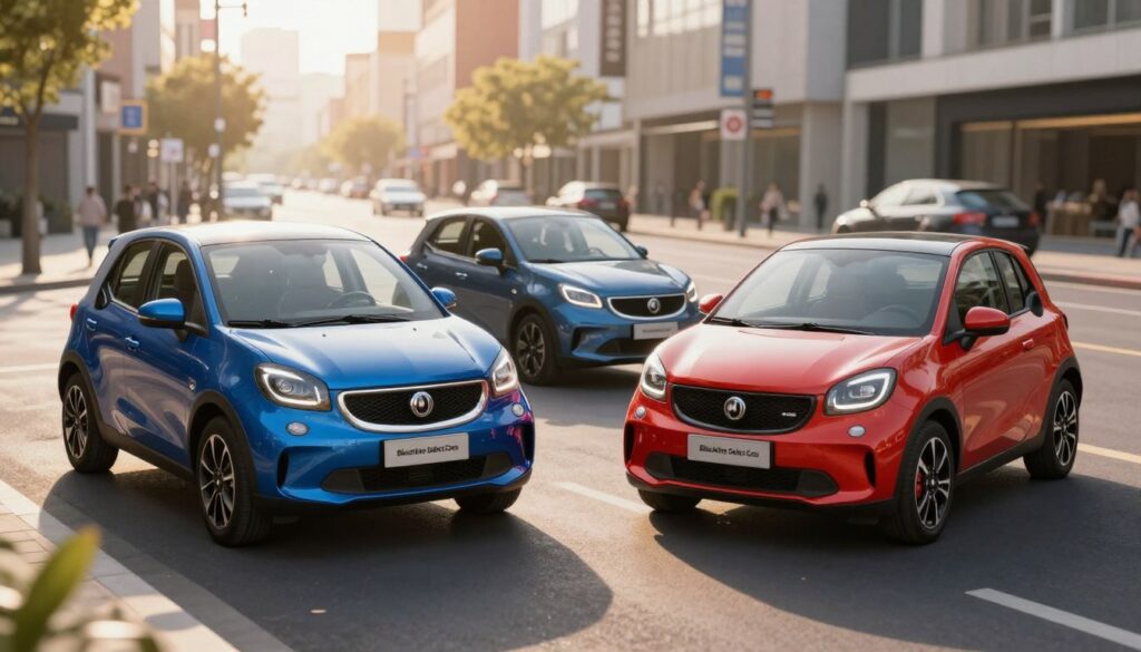 A stylish showcase of compact cars that emphasize high value and quality, featuring a lineup of modern vehicles from Blackline Select Cars. In the foreground, highlight two sleek, vibrant compact cars parked side by side, showcasing their elegant designs with polished finishes and distinctive grilles. In the middle, add a dynamic urban environment with a bustling street, where the sun casts a warm glow, emphasizing the appeal of the vehicles. The background should include soft-focus city architecture, creating a sense of movement and excitement. Capture the scene with a slightly elevated angle, using soft, natural light to enhance the colors and details. The overall mood should be invigorating and aspirational, conveying the idea of smart choices in automotive value. A stylish showcase of compact cars that emphasize high value and quality, featuring a lineup of modern vehicles from Blackline Select Cars. In the foreground, highlight two sleek, vibrant compact cars parked side by side, showcasing their elegant designs with polished finishes and distinctive grilles. In the middle, add a dynamic urban environment with a bustling street, where the sun casts a warm glow, emphasizing the appeal of the vehicles. The background should include soft-focus city architecture, creating a sense of movement and excitement. Capture the scene with a slightly elevated angle, using soft, natural light to enhance the colors and details. The overall mood should be invigorating and aspirational, conveying the idea of smart choices in automotive value.