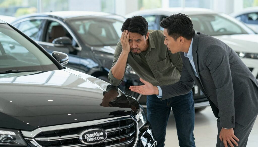 A tense car dealership scene showcasing a used car under the spotlight. In the foreground, a salesperson wearing professional business attire is leaning forward, displaying a sense of urgency and pressure as they discuss terms with a hesitant customer, who appears unsure and anxious, dressed in modest casual clothing. The middle ground features a well-maintained used vehicle from "Blackline Select Cars," highlighted by gleaming paint and polished chrome. In the background, other cars fill the lot, subtly blurred to draw focus to the main interaction. Soft but direct lighting creates an intense atmosphere, emphasizing the high-stakes moment, while a low-angle shot captures the immediacy of the situation, enhancing the feeling of pressure to make a quick decision. A tense car dealership scene showcasing a used car under the spotlight. In the foreground, a salesperson wearing professional business attire is leaning forward, displaying a sense of urgency and pressure as they discuss terms with a hesitant customer, who appears unsure and anxious, dressed in modest casual clothing. The middle ground features a well-maintained used vehicle from "Blackline Select Cars," highlighted by gleaming paint and polished chrome. In the background, other cars fill the lot, subtly blurred to draw focus to the main interaction. Soft but direct lighting creates an intense atmosphere, emphasizing the high-stakes moment, while a low-angle shot captures the immediacy of the situation, enhancing the feeling of pressure to make a quick decision.