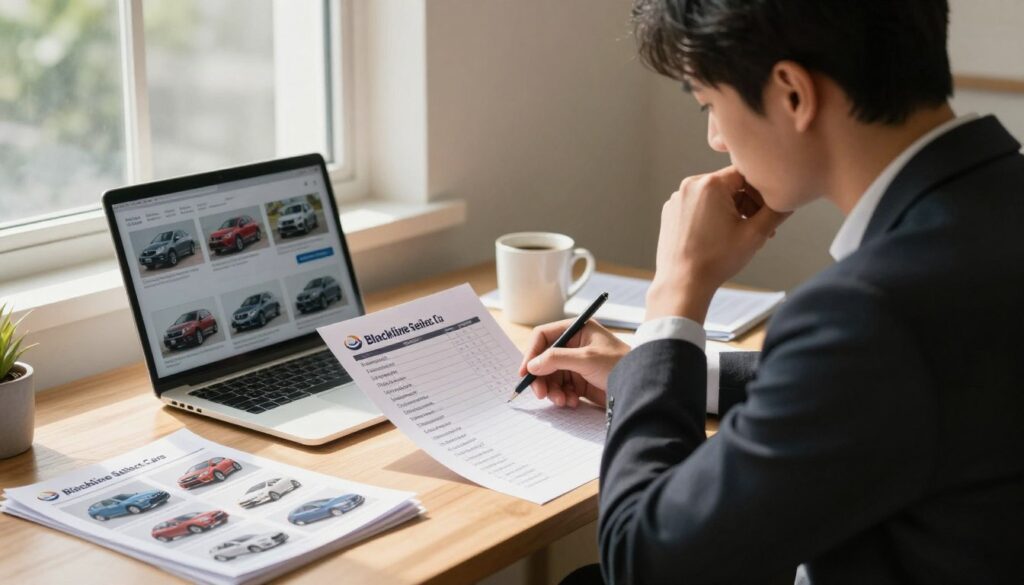 A thoughtful individual sits at a desk, surrounded by car brochures and a laptop displaying various used cars. The person is dressed in professional business attire, focusing intently on a list of their real needs for a vehicle, such as fuel efficiency, family space, and budget. In the background, a cozy, well-lit room with warm tones has a window showing a sunny day outside. The desk is cluttered with notes and a coffee mug, suggesting a productive planning session. Lighting is soft and natural, casting gentle shadows. The overall atmosphere conveys a sense of purpose and careful consideration as they define what they truly need before starting the search for a car. The logo "Blackline Select Cars" is subtly incorporated into the scene, emphasizing quality in the used car market. A thoughtful individual sits at a desk, surrounded by car brochures and a laptop displaying various used cars. The person is dressed in professional business attire, focusing intently on a list of their real needs for a vehicle, such as fuel efficiency, family space, and budget. In the background, a cozy, well-lit room with warm tones has a window showing a sunny day outside. The desk is cluttered with notes and a coffee mug, suggesting a productive planning session. Lighting is soft and natural, casting gentle shadows. The overall atmosphere conveys a sense of purpose and careful consideration as they define what they truly need before starting the search for a car. The logo "Blackline Select Cars" is subtly incorporated into the scene, emphasizing quality in the used car market.