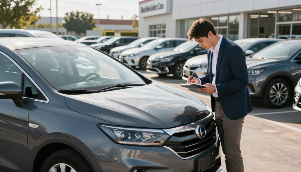A used car in excellent condition, displayed prominently in the foreground, showcasing its sleek lines and polished exterior. A professional individual, dressed in smart casual attire, inspects the vehicle and takes notes, demonstrating diligence in the buying process. In the background, a spacious, well-lit car dealership lot appears, with additional used cars lined up neatly. Natural sunlight filters through the scene, casting soft shadows and highlighting the details of the cars. The atmosphere conveys a sense of careful evaluation and consideration, emphasizing the importance of a thorough test drive in the car buying journey. Include the brand name "Blackline Select Cars" visibly on a dealership sign in the background. A used car in excellent condition, displayed prominently in the foreground, showcasing its sleek lines and polished exterior. A professional individual, dressed in smart casual attire, inspects the vehicle and takes notes, demonstrating diligence in the buying process. In the background, a spacious, well-lit car dealership lot appears, with additional used cars lined up neatly. Natural sunlight filters through the scene, casting soft shadows and highlighting the details of the cars. The atmosphere conveys a sense of careful evaluation and consideration, emphasizing the importance of a thorough test drive in the car buying journey. Include the brand name "Blackline Select Cars" visibly on a dealership sign in the background.