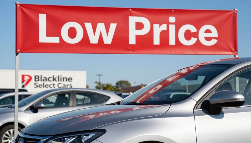 A used car prominently displayed under a vibrant red banner marked "Low Price," symbolizing a cautionary message about pricing in second-hand car purchases. In the foreground, focus on the car’s details—sleek lines, slightly worn exterior, and a gleaming paint job, all set against a well-lit background. In the middle ground, include a subtle glimpse of a sales lot with other vehicles, illustrated in soft focus, to suggest comparison. The background features a bright blue sky, enhancing the overall optimistic mood. The scene captures the essence of caution with emphasis on informed buying decisions. The branding "Blackline Select Cars" is tastefully integrated into the setting. Use natural lighting to highlight the scenario, with a slightly elevated angle to provide a comprehensive view of the car and the banner. A used car prominently displayed under a vibrant red banner marked "Low Price," symbolizing a cautionary message about pricing in second-hand car purchases. In the foreground, focus on the car’s details—sleek lines, slightly worn exterior, and a gleaming paint job, all set against a well-lit background. In the middle ground, include a subtle glimpse of a sales lot with other vehicles, illustrated in soft focus, to suggest comparison. The background features a bright blue sky, enhancing the overall optimistic mood. The scene captures the essence of caution with emphasis on informed buying decisions. The branding "Blackline Select Cars" is tastefully integrated into the setting. Use natural lighting to highlight the scenario, with a slightly elevated angle to provide a comprehensive view of the car and the banner.