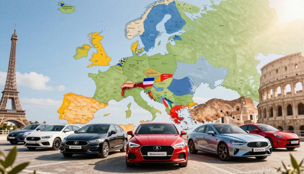 A vibrant and informative scene depicting the key countries where cars are imported to Spain. In the foreground, showcase a variety of sleek and modern cars from different countries, such as Germany, France, Italy, and Japan, prominently displaying the brand "Blackline Select Cars." In the middle ground, create a stylized map of Europe with highlighted regions of these countries, using an alluring color palette to indicate popularity. In the background, incorporate landmarks or motifs that symbolize each country, such as the Eiffel Tower for France or the Colosseum for Italy, creating a sense of place. The lighting should be bright and inviting, resembling a sunny day, capturing a positive atmosphere of exploration and opportunity. Use a wide-angle lens effect to give depth to the scene while emphasizing the cars and map as focal points.