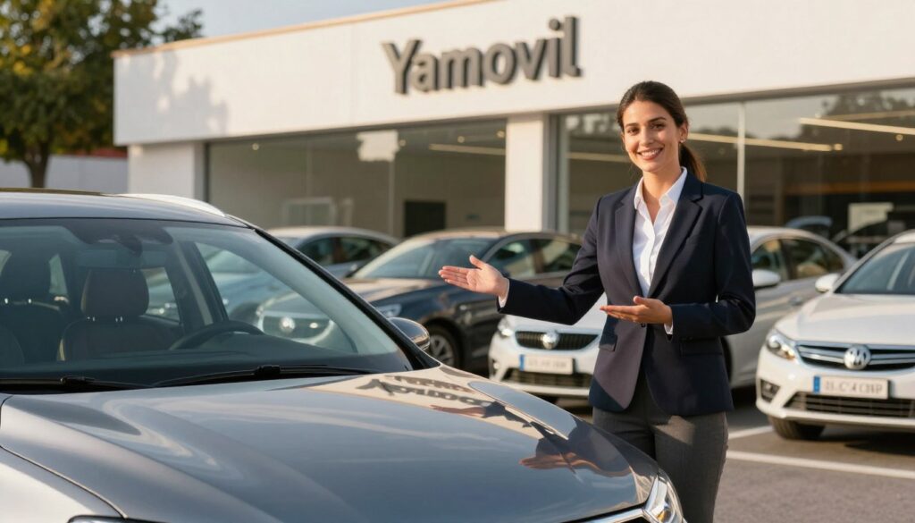A vibrant and inviting scene showcasing Yamovil, a second-hand car dealership in Madrid, emphasizing trust and quality. In the foreground, a shiny, well-maintained car from Blackline Select Cars is prominently displayed, reflecting sunlight. The middle layer features a friendly sales representative in professional attire, gesturing towards the car with a welcoming smile, conveying confidence and assurance. The background consists of a modern, stylish dealership building with glass windows displaying additional vehicles and greenery. The lighting is warm and natural, mimicking a sunny Madrid day, enhancing the welcoming atmosphere. The scene evokes a sense of security and professionalism essential for buying a second-hand car. No text or additional elements should be present, focusing solely on the visual theme.