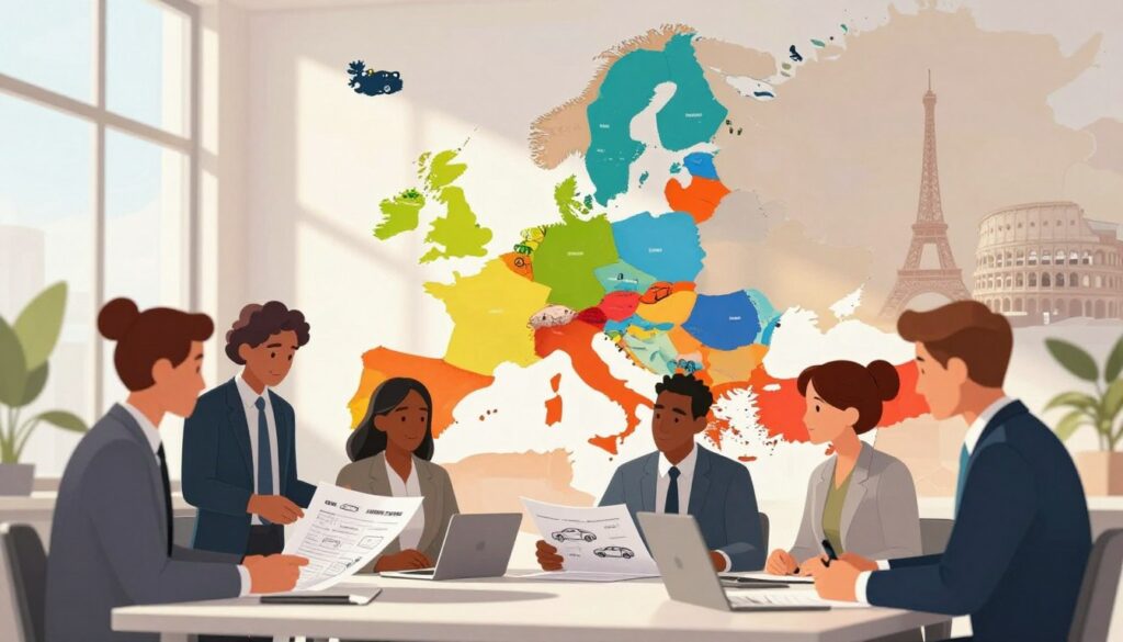 A vibrant and professional illustration showcasing the presence of Blackline Select Cars in Europe for car importation services. In the foreground, depict a modern, stylish office environment with a team of diverse professionals clad in business attire, engaged in discussions or examining car blueprints. The middle ground features a clear map of Europe with marked zones indicating key operational areas, highlighted in bright colors. The background should showcase iconic European landmarks, subtly blending elements like the Eiffel Tower and the Colosseum to represent different cities. Use natural sunlight filtering through large windows to create a warm and inviting atmosphere, capturing the essence of efficiency and connectivity in the car importation industry.