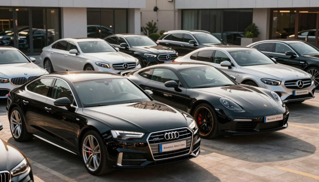 A vibrant and sophisticated showcase of premium used car brands and models, prominently featuring luxurious vehicles such as Audi, BMW, Mercedes-Benz, and Porsche, well-lit to highlight their sleek designs and polished exteriors. The foreground features a glossy black Audi parked elegantly, with reflections of sunlight glinting off its surface. In the middle ground, a variety of upscale models are arranged together, showcasing the distinctive designs of luxurious sedans and sporty coupes. The background features a stylish urban setting with modern architecture and soft focus to emphasize the cars in the foreground. The lighting is warm and inviting, enhancing the rich colors of the vehicles, conveying a sense of quality and exclusivity. This scene represents Blackline Select Cars, illustrating the demand for high-end second-hand options.