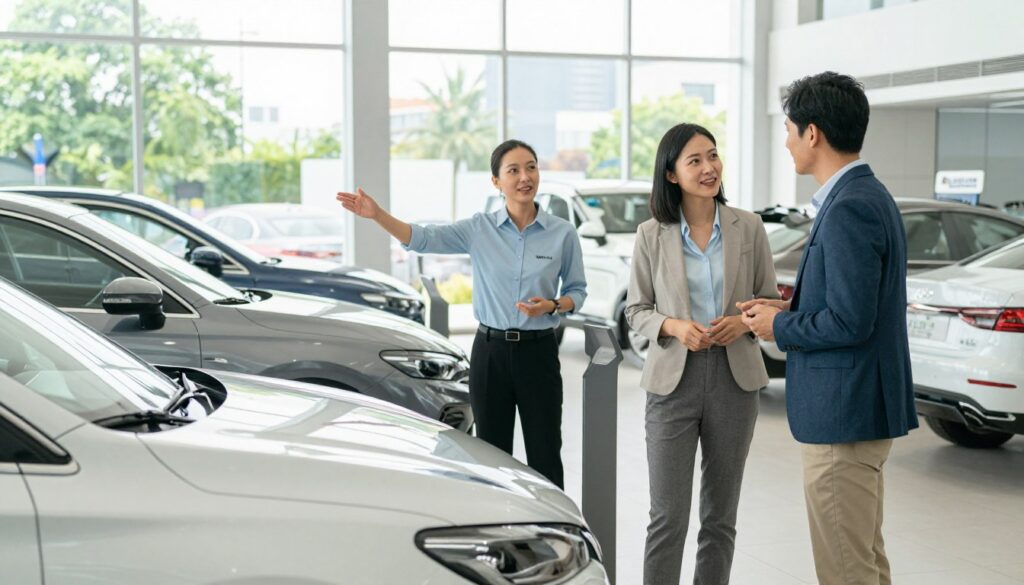 A vibrant auto dealership setting, showcasing a variety of sleek, modern cars under bright natural lighting. In the foreground, a well-dressed couple, dressed casually yet stylishly, are engaged in discussion, examining a car. In the middle ground, a professional sales representative from "Blackline Select Cars" gestures toward the showroom’s impressive lineup, radiating enthusiasm and expertise. The background features a large glass wall displaying more vehicles and a subtle company logo on the side. The atmosphere is friendly and inviting, with hints of greenery outside the dealership. The scene captures the essence of choosing between different buying options: dealership, private sellers, or online platforms, evoking a sense of informed decision-making and excitement in the car-buying journey.